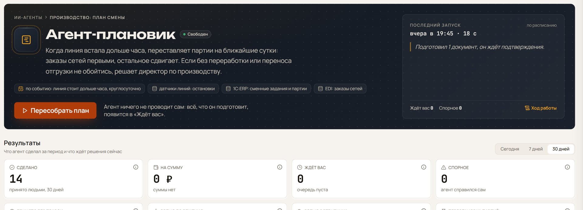 Дашборд ИИ-агента Плановик: что переставлено в плане смены, какие заказы сдвинулись и какая линия простаивает