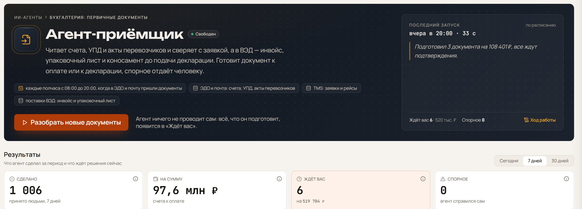 Дашборд ИИ-агента Приёмщик: сколько документов прошло за день, что ждёт человека и где цена выше договорной
