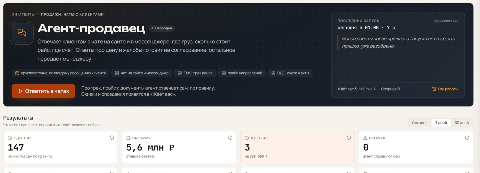 Дашборд ИИ-агента Продавец: сколько диалогов, о чём спрашивают и сколько сделок завелось