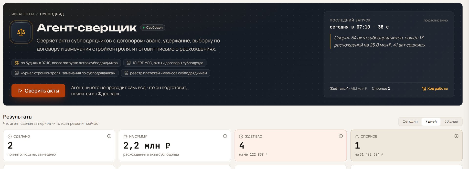 Дашборд ИИ-агента Сверщик: по каким контрагентам акт сверен, по каким нет и сколько денег в расхождениях
